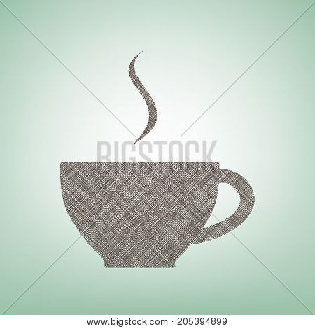 Cup sign with one small stream of smoke. Vector. Brown flax icon on green background with light spot at the center.