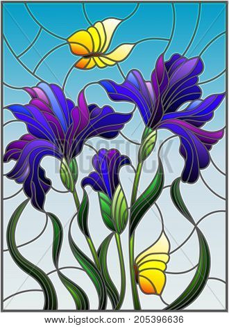 Illustration in stained glass style with a bouquet of purple irises and yellow butterflies on a blue background
