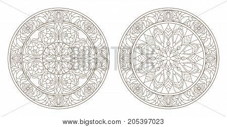 Set contour illustrations of stained glass round stained glass floral dark outline on a white background