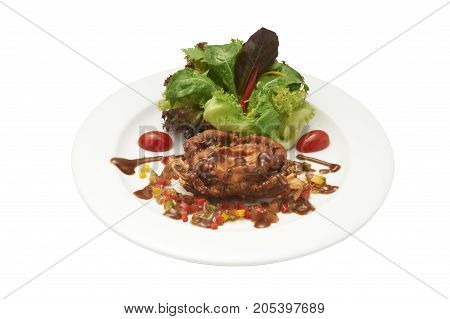 Isolated of salad and deep fried soft-shelled crap in white plate. Clipping path and white background.