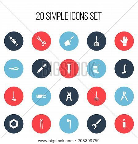 Set Of 20 Editable Equipment Icons. Includes Symbols Such As Bore, Pincers, Shear And More