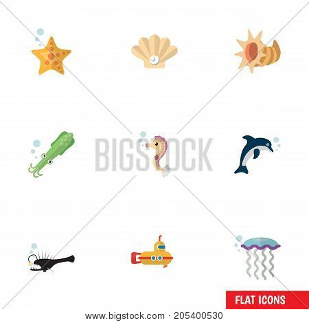 Flat Icon Nature Set Of Periscope, Octopus, Conch And Other Vector Objects