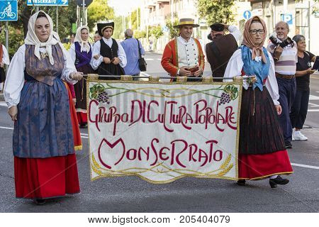 SELARGIUS, ITALY - SEPTEMBER 13, 2015: Ancient celibacy selargino - parade of folk culture folk group of Monserrato - Sardinia