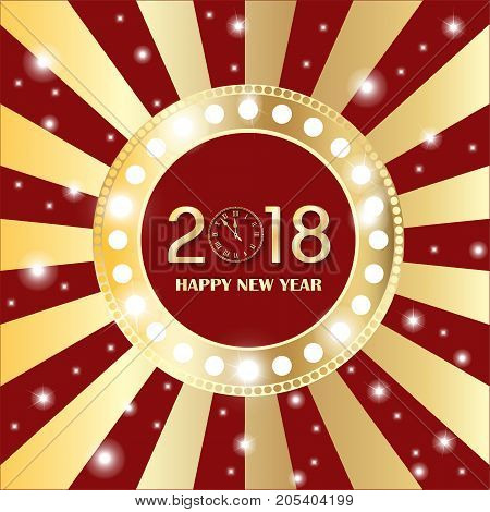 Shining Gold Circle Vintage Banner With Lights On Retro Red And Golden Background. New Year 2018 Con