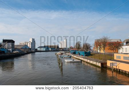Nakskov Harbor in Denmark on a sunny day