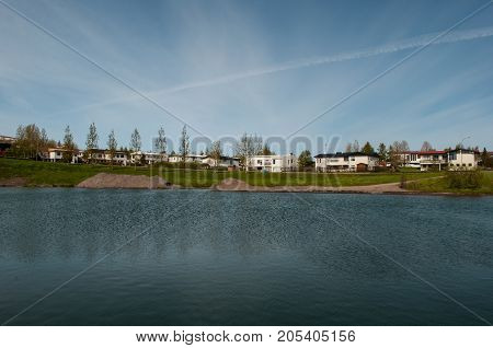 reservoir in Glera river in town of Akureyri in Iceland