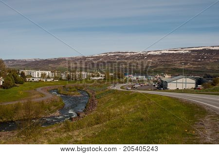 Town of Akureyri in Iceland on a summer day