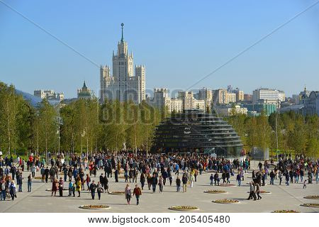 Moscow, Russia - September 23. 2017. View of information pavilion and the entrance to the park Zaryadye.