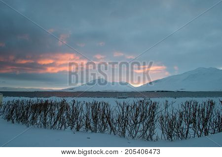 landscape of Eyjafjordur in Iceland during winter