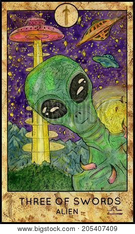 Alien. Three of swords. Fantasy Creatures Tarot full deck. Minor arcana. Hand drawn graphic illustration, engraved colorful painting with occult symbols. Sci fi background