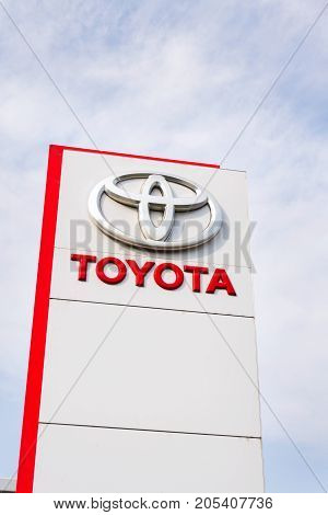 Prague, Czech Republic - September 23: Toyota Motor Corporation Logo On Dealership Building On Septe