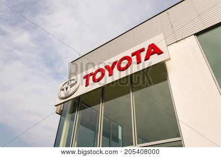 Prague, Czech Republic - September 23: Toyota Motor Corporation Logo On Dealership Building On Septe