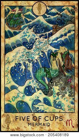 Mermaid. Five of cups. Fantasy Creatures Tarot full deck. Minor arcana. Hand drawn graphic illustration, engraved colorful painting with occult symbols