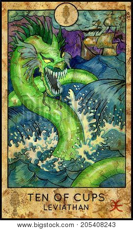 Leviathan. Ten of cups. Fantasy Creatures Tarot full deck. Minor arcana. Hand drawn graphic illustration, engraved colorful painting with occult symbols