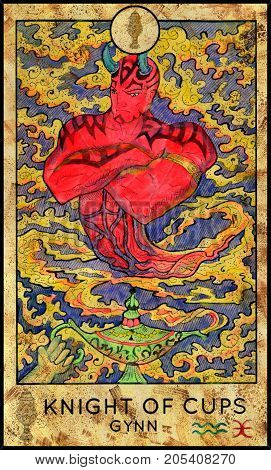 Ginn. Knight of Cups. Fantasy Creatures Tarot full deck. Minor arcana. Hand drawn graphic illustration, engraved colorful painting with occult symbols