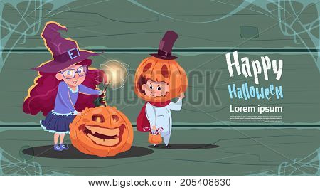 Cute Witch And Scarecrow, Happy Halloween Banner Party Celebration Concept Flat Vector Illustration