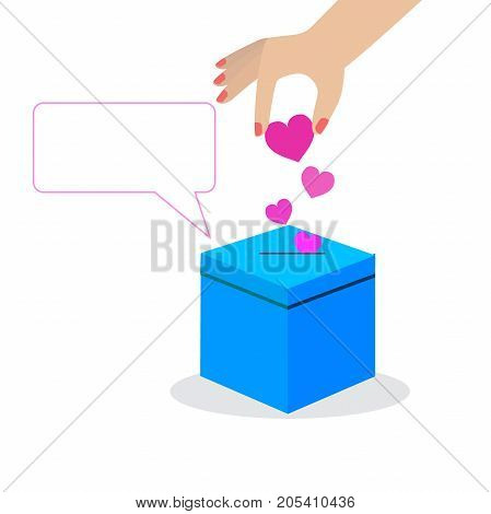 Post box with pink hearts and with a bubble for your text. Cartoon style vector design.