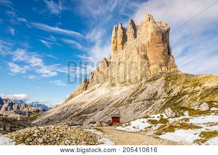DOLOMITES,ITALY - SEPTEMBER 15,2017 - View at the Cima Piccola 2857m (Tre Cime di Lavaredo) in Dolomites. The Dolomites are a mountain range located in northeastern Italy.