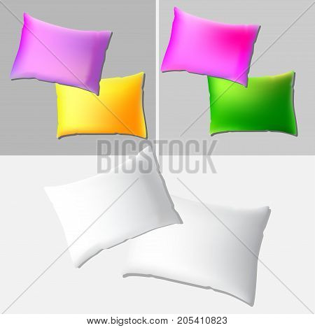 Vector realistic blank white rectangular pillow or cushion icon set isolated grey background. Design template in EPS10.