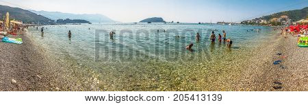Budva, Montenegro - August 27, 2017: Panorama of the modern beach town of Budva, Montenegro, Europe. Budva is one of the best and most popular resorts of the Adriatic Riviera.