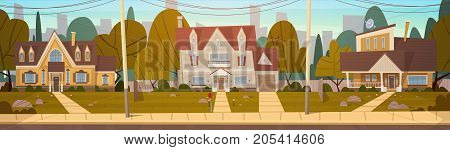 Houses In Suburb Of Big City In Summer, Cottage Real Estates Cute Town Concept Flat Vector Illustration