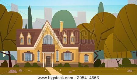 House Building Suburb Of Big City In Summer, Cottage Real Estate Cute Town Concept Flat Vector Illustration