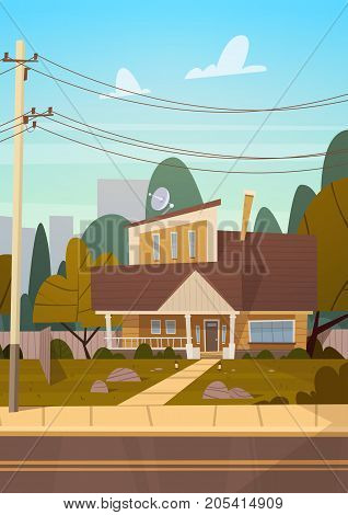 House Building Suburb Of Big City In Summer, Cottage Real Estate Cute Town Concept Flat Vector Illustration