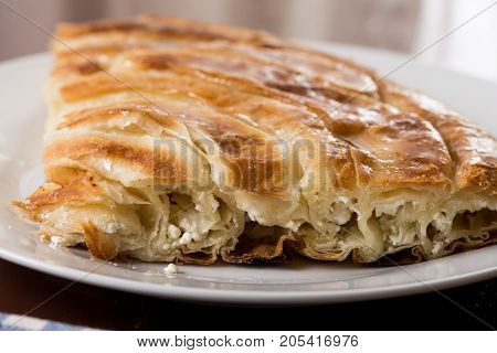 Closeup Macro Of Balkan Burek With Cheese On The Plate
