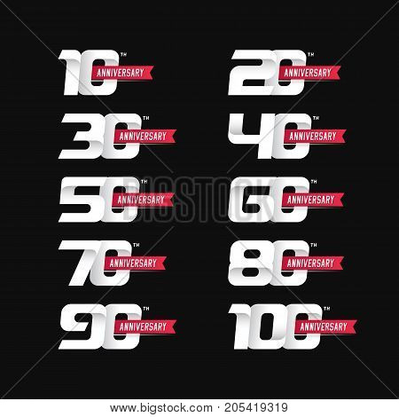 Set of anniversary signs from 10th to 100th. Stock vector illustration. Signs design elements on a dark background.