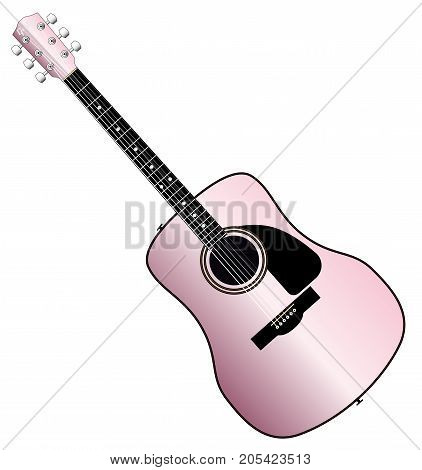 A typical acoustic guitar in pink isolated over a white background.