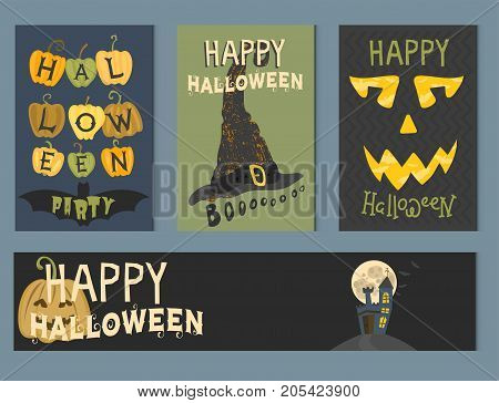 Set of happy halloween greeting card vector illustration party invitation design with spooky emblem. Typographic evil template greeting graphic cover design.