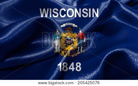Realistic flag of Wisconsin on the wavy surface of fabric. This flag can be used in design