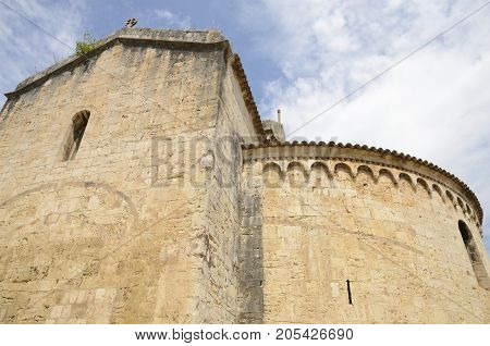 Upper part of the romanic church of Saint Vicent in Besalu a town in the comarca of Garrotxa in Girona Catalonia Spain.