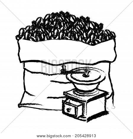 bag of coffee beans and griding with crank monochrome blurred silhouette vector illustration