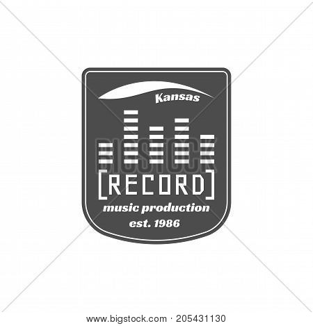 Recording studio vector label, badge, emblem logo with musical instrument. Stock vector illustration isolated on white background.