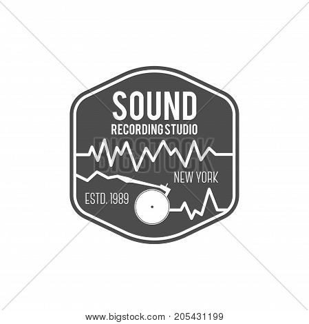Sound, recording studio vector label, badge, emblem logo with musical instrument. Stock vector illustration isolated on white background.