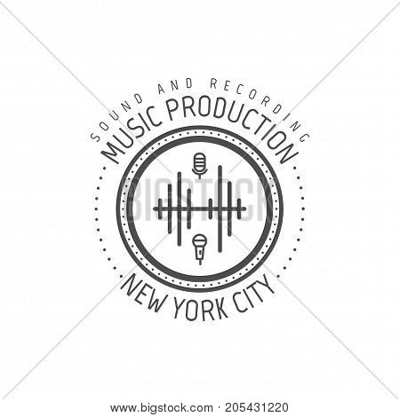 Music production. New york city vector label, badge, emblem logo with musical instrument. Stock vector illustration isolated on white background.