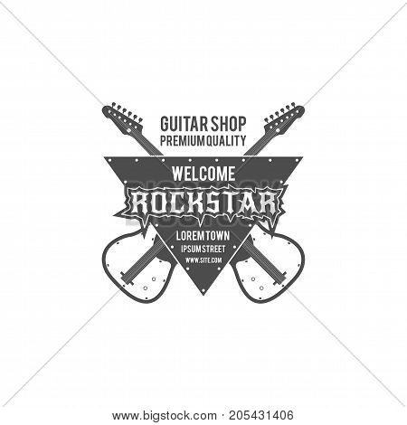 Rock star guitar shop vector label, badge, emblem logo with musical instrument. Stock vector illustration isolated on white background.
