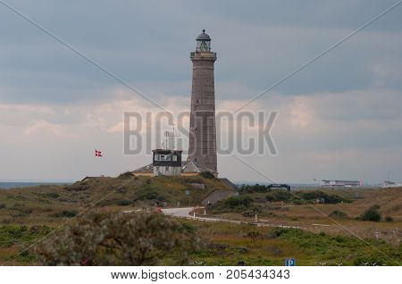 Skagen Lighthouse in Denmark on a cloudy day