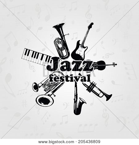 Music poster for jazz festival with music instruments. Black and white euphonium, piano keyboard, double bell euphonium, saxophone, trumpet, violoncello and guitar vector illustration design