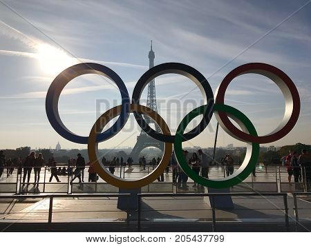 Paris France, 23 September 2017: Olympic games symbol on Trocadero place in front of the Eiffel Tower celebrating Paris 2024 summer Olympics