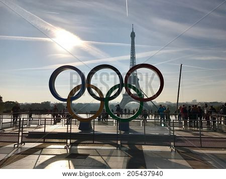 Paris France, 23 September 2017: Olympic games symbol on Trocadero place in front of the Eiffel Tower celebrating Paris 2024 summer Olympics