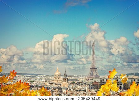 Paris city roofs with Eiffel Tower from above at fall day, Paris France