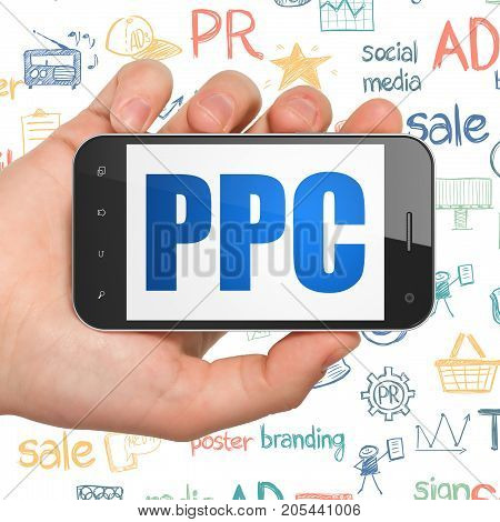 Advertising concept: Hand Holding Smartphone with  blue text PPC on display,  Hand Drawn Marketing Icons background, 3D rendering