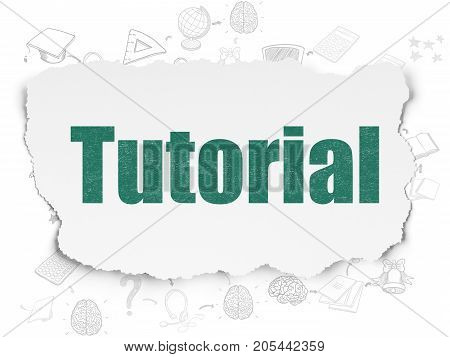 Education concept: Painted green text Tutorial on Torn Paper background with Scheme Of Hand Drawn Education Icons
