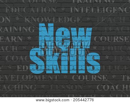 Education concept: Painted blue text New Skills on Black Brick wall background with  Tag Cloud