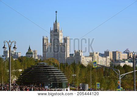 Moscow, Russia - September 23. 2017. View of information pavilion and the entrance to the park Zaryadye.