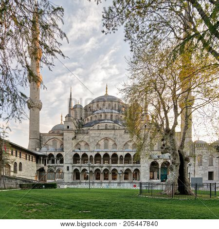 Exterior day shot of Sultan Ahmed Mosque (Blue Mosque) an Ottoman imperial mosque located in Sultan Ahmed Square Istanbul Turkey