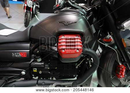 CRACOW POLAND - MAY 20 2017: Moto Guzzi MGX 21 motorcycle displayed at MOTO SHOW in Krakow. Poland. Exhibitors present most interesting aspects of the automotive industry