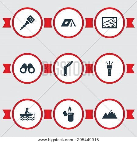 Elements Selfie Stick, Position, Adventure And Other Synonyms Binoculars, Glasses And Fisherman.  Vector Illustration Set Of Simple Tourism Icons.